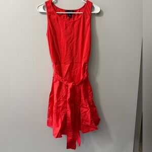 Tahari Red Cotton Tie‎ Waist Flowing Tiered Bottom Mini Dress• Medium NEW